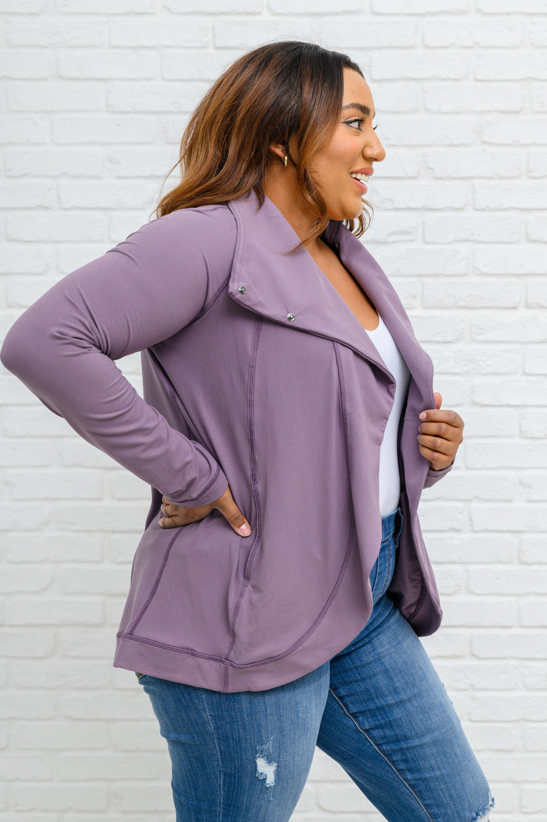 Janie Asymmetric Cowl Neck Jacket In Mulberry - 11/21/2022