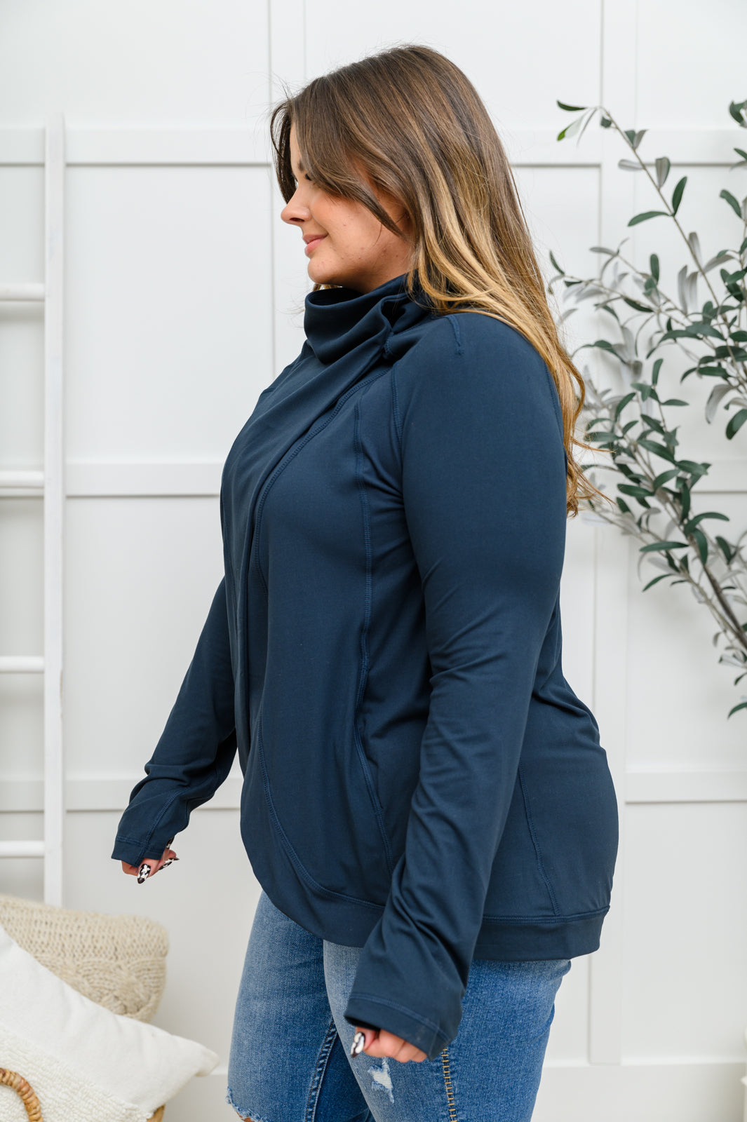 Janie Asymmetric Cowl Neck Jacket In Navy - 11/21/2022