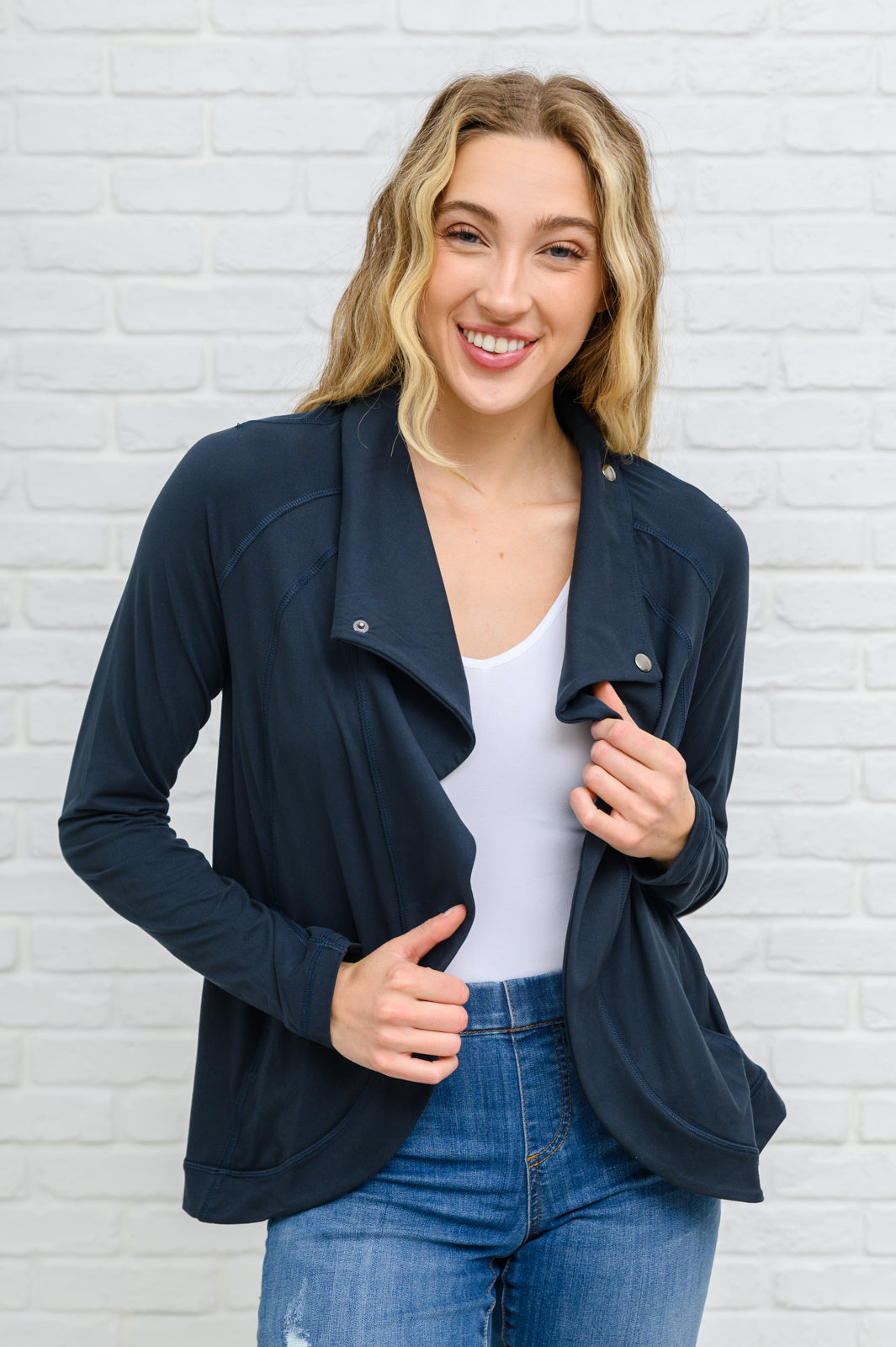 Janie Asymmetric Cowl Neck Jacket In Navy - 11/21/2022