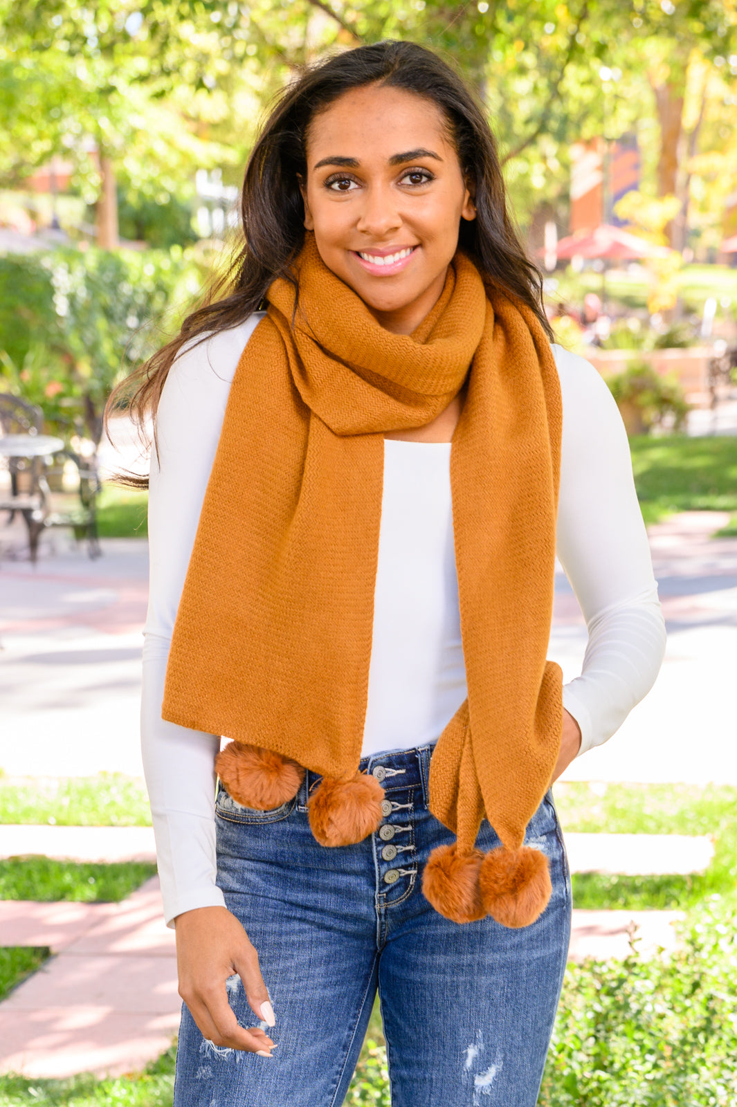 Knitted Fuzzy Pom Pom Scarf In Ginger - 11/1/2022