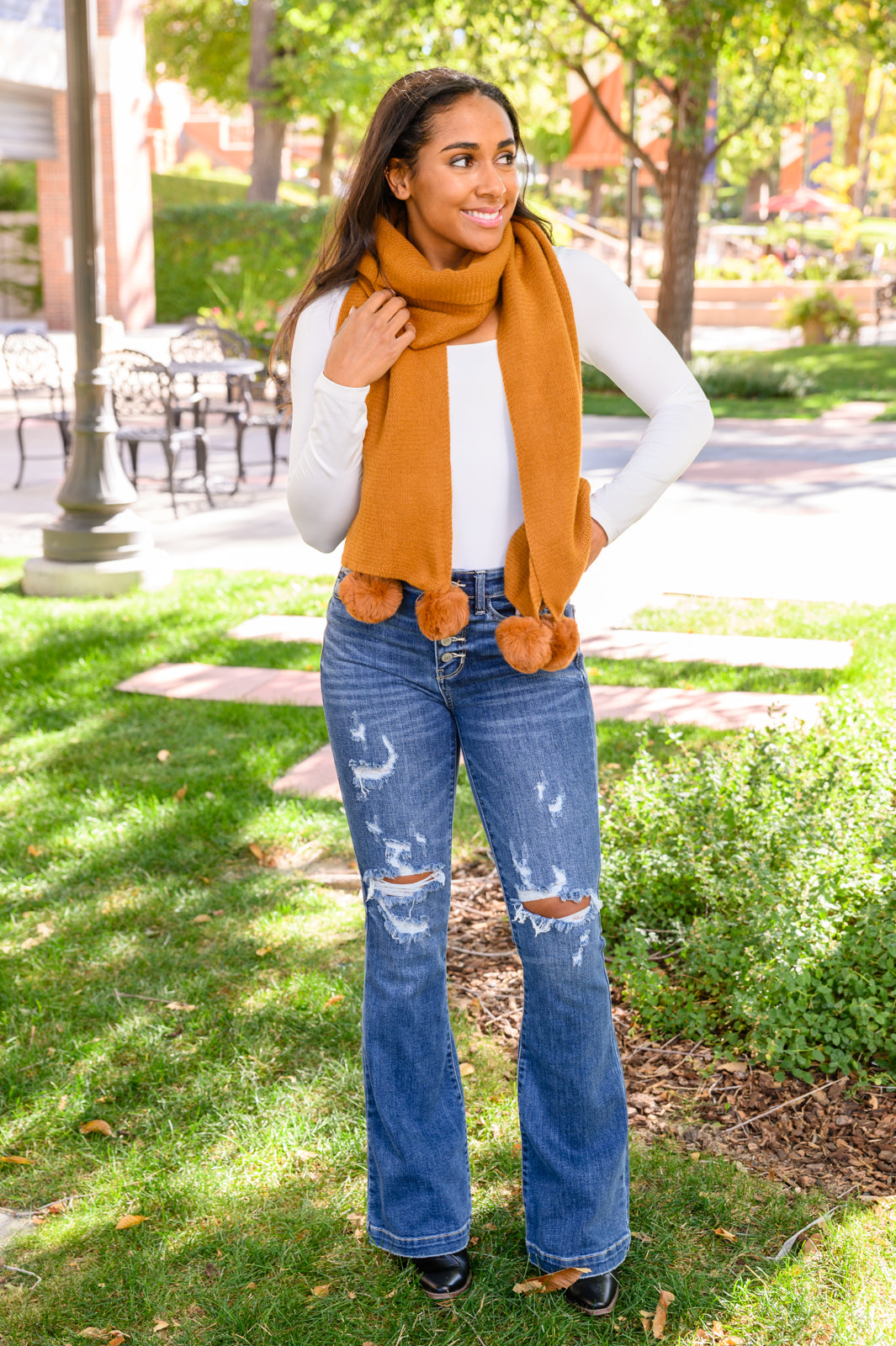 Knitted Fuzzy Pom Pom Scarf In Ginger - 11/1/2022