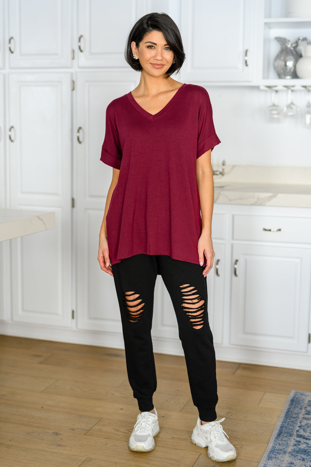 Let The Days Pass By Short Sleeve Top in Burgundy - 12/27/2022