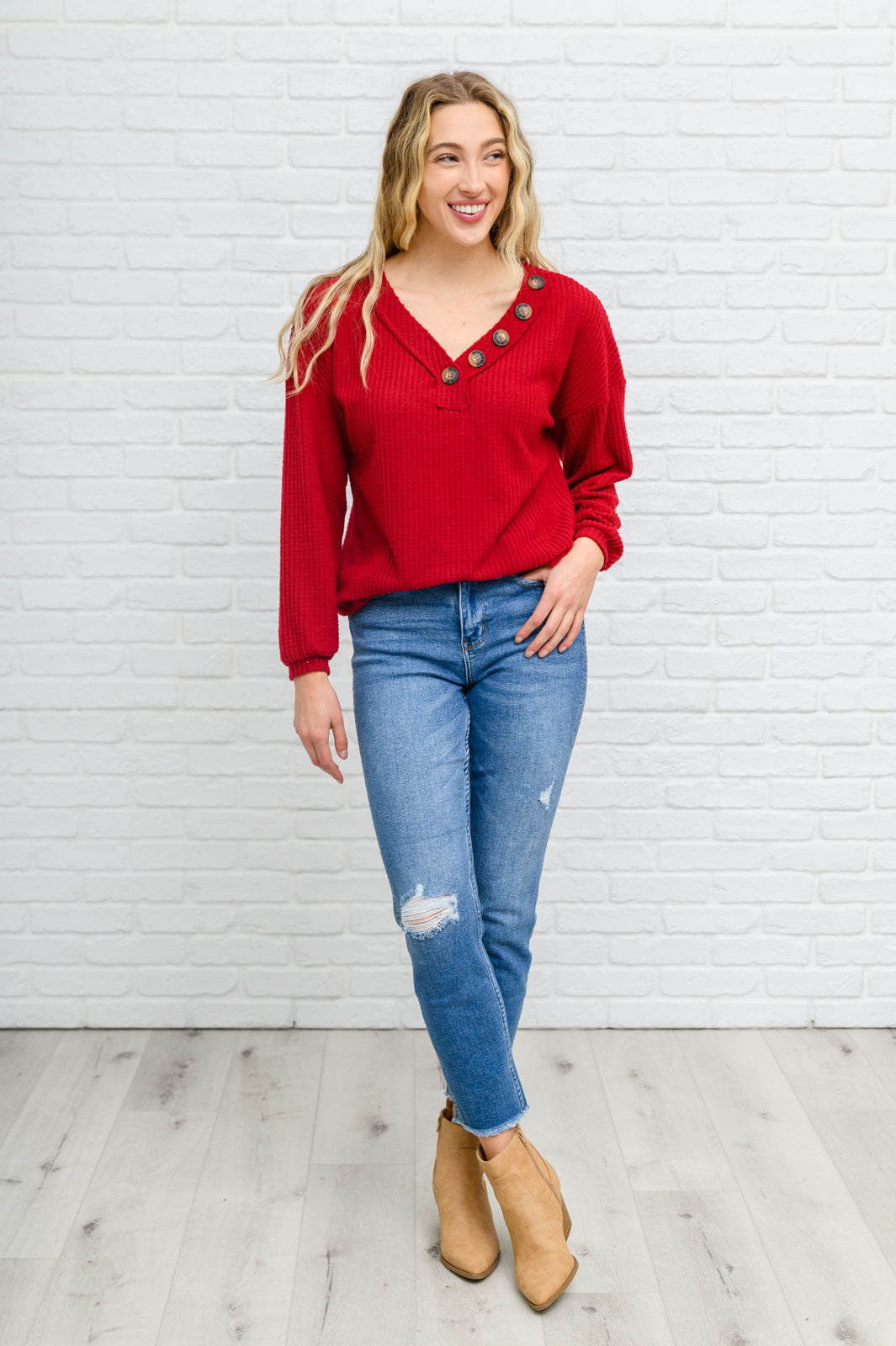 Long Sleeve Waffle Knit Top In Cranberry - 11/22/2022