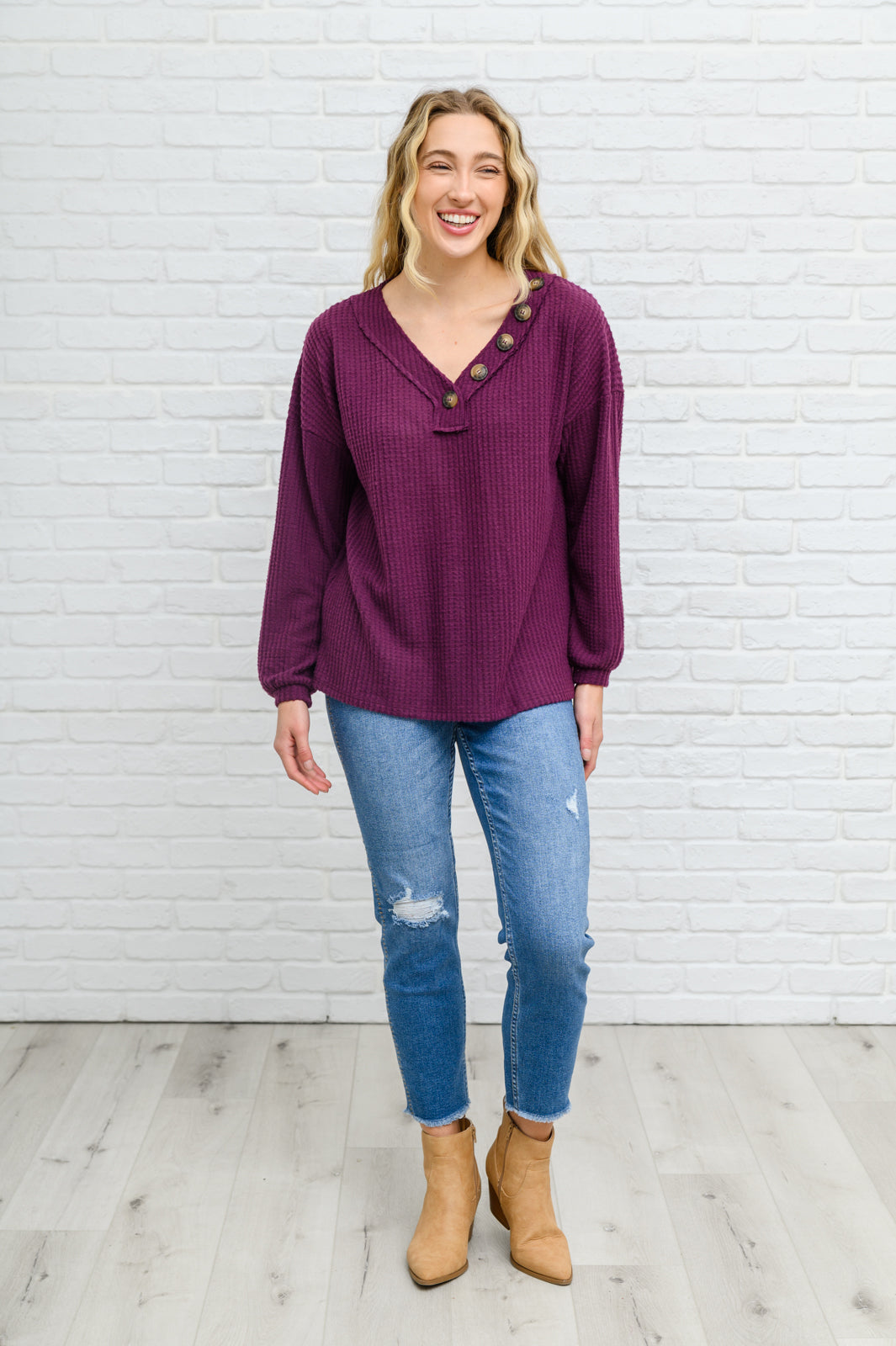 Long Sleeve Waffle Knit Top In Eggplant - 11/22/2022