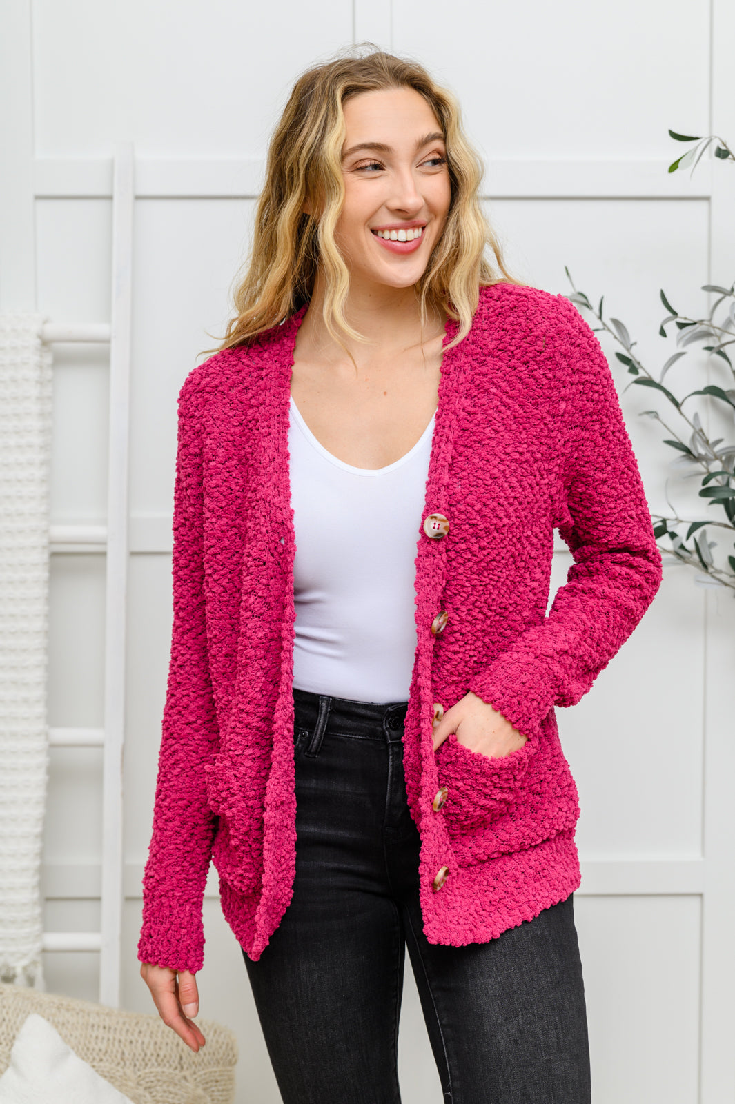 Popcorn Knit Cardigan In Magenta - 11/28/2022