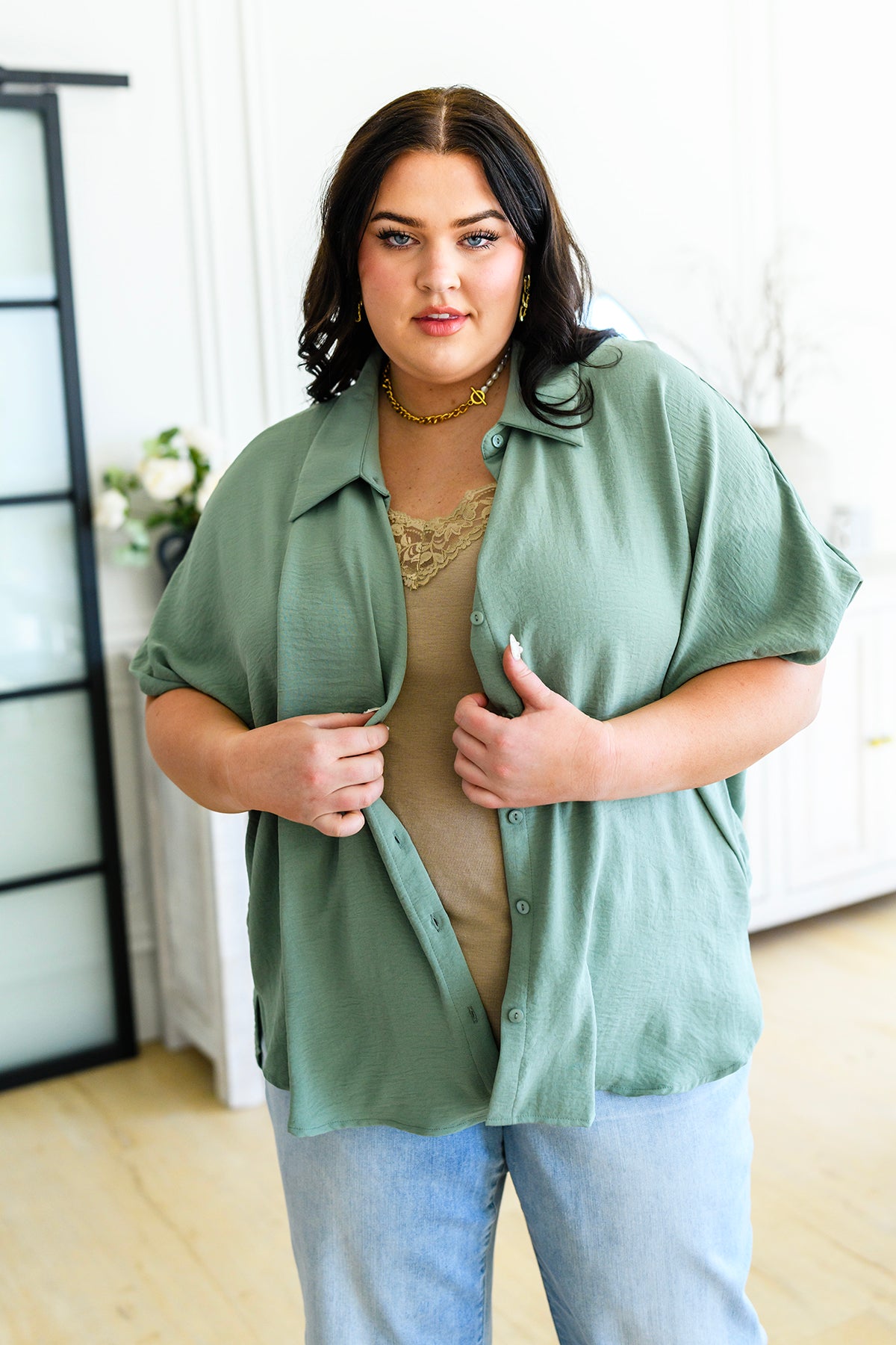Sweet Simplicity Button Down Blouse in Sage - 4/28/2023