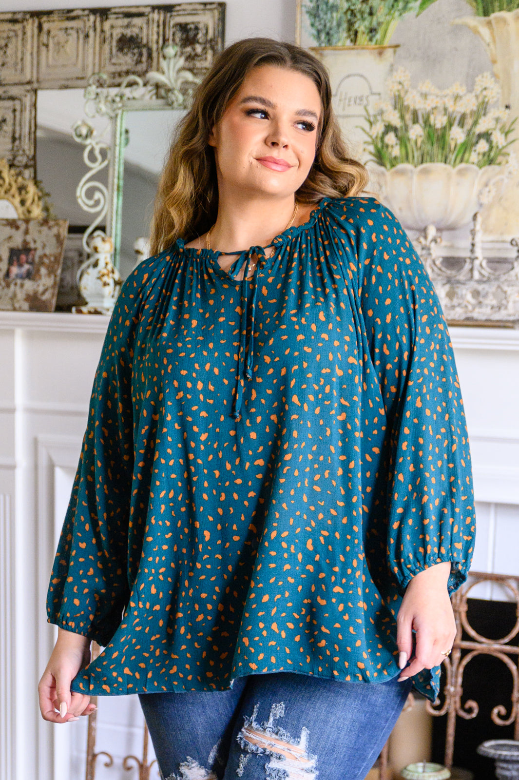 The Time Is Now Spotted Blouse In Teal - 11/17/2022