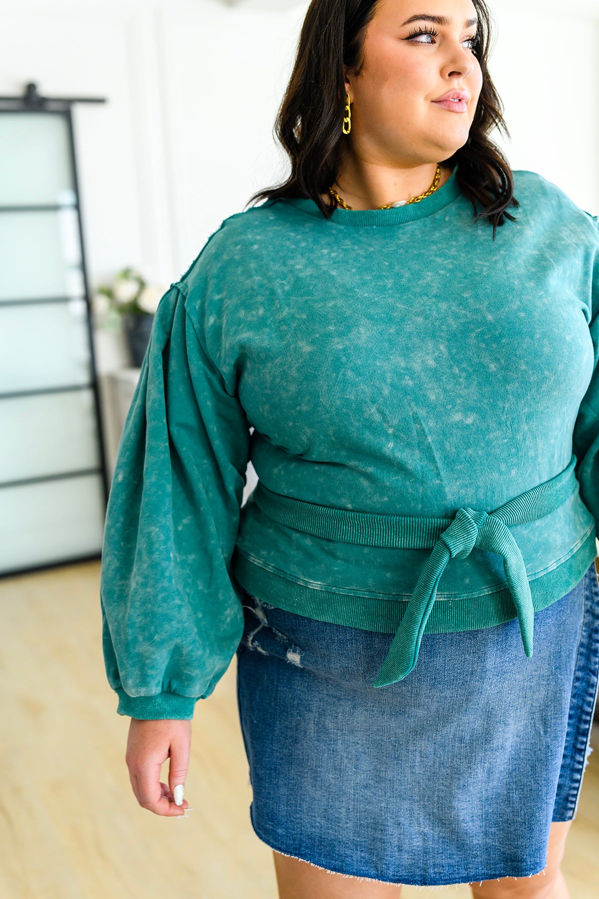 Tied Up In Cuteness Mineral Wash Sweater in Teal - 12/13/2022