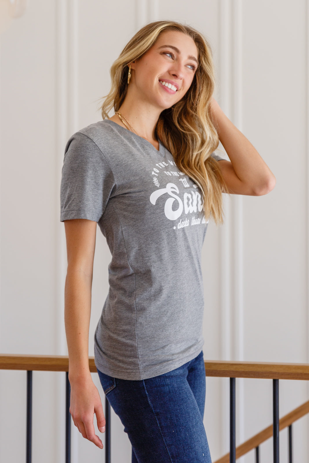 To The Window Graphic V Neck Tee In Gray  - 11/15/2022