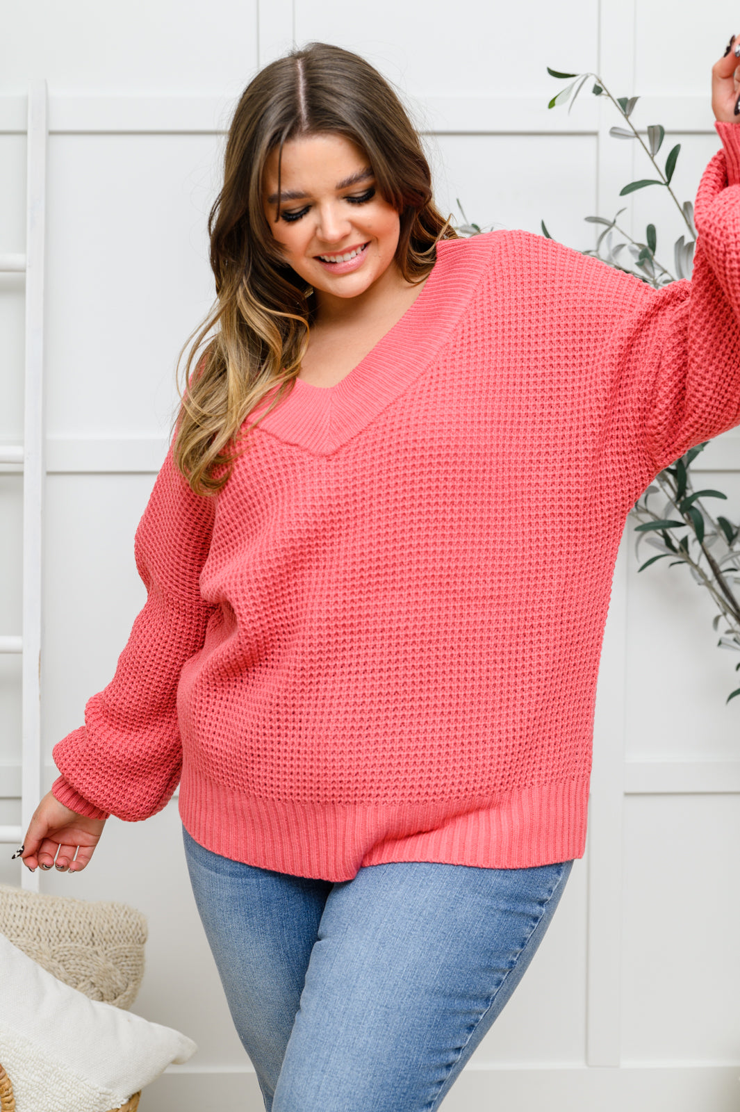 Wide V Neck Waffle Knit Sweater In Rose - 11/25/2022